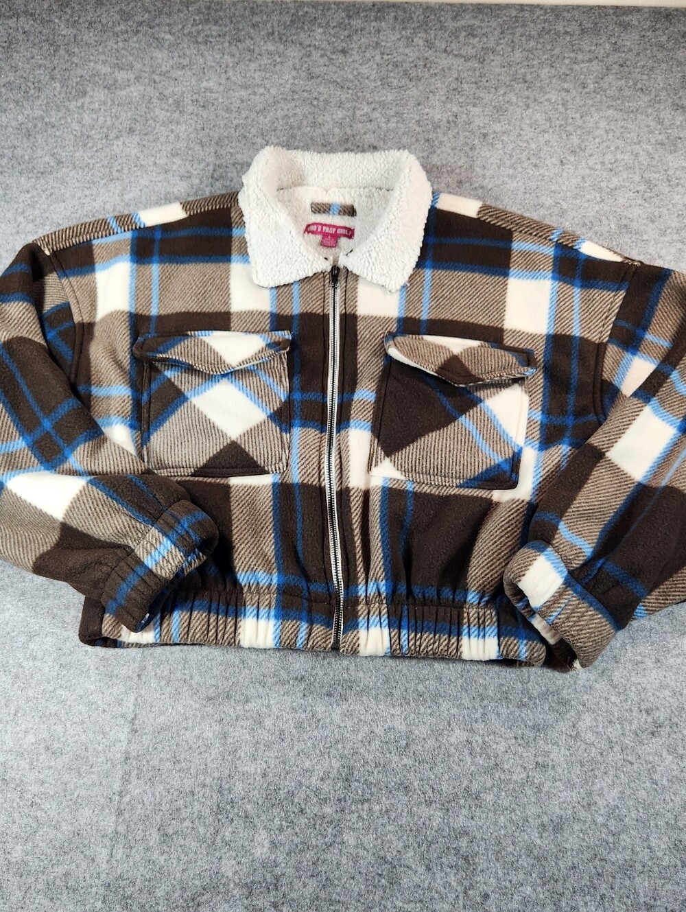 Who's That Girl Sherpa Lined Plaid  Puffer Jacket in Brown, Cream & Blue Large